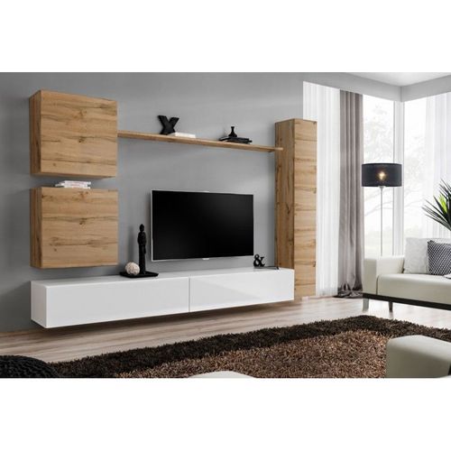 Meuble Tv Mural Design "Switch Viii" 280cm Naturel & Blanc