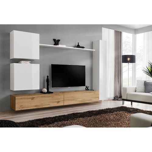 Meuble Tv Mural Design "Switch Viii" 280cm Blanc & Naturel