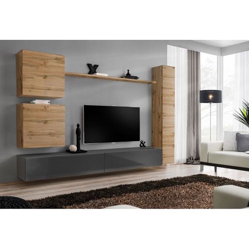 Meuble Tv Mural Design "Switch Viii" 280cm Naturel & Gris
