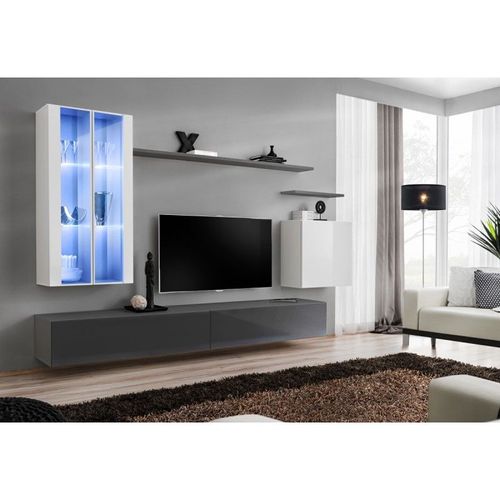 Meuble Tv Mural Design "Switch Xii" 270cm Blanc & Gris