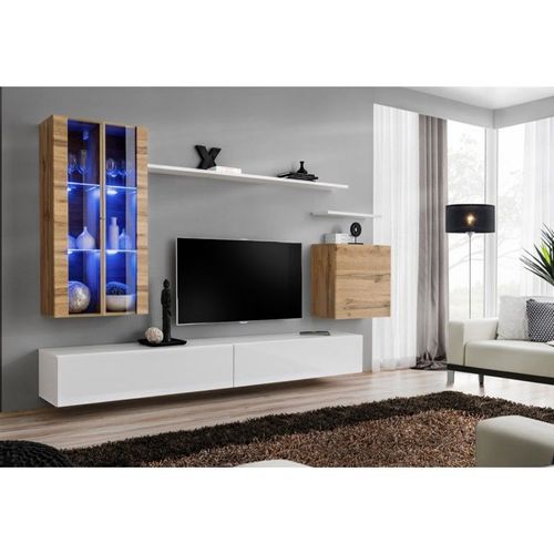 Meuble Tv Mural Design "Switch Xii" 270cm Naturel & Blanc