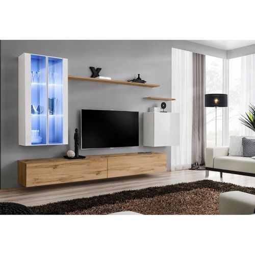 Meuble Tv Mural Design "Switch Xii" 270cm Blanc & Naturel