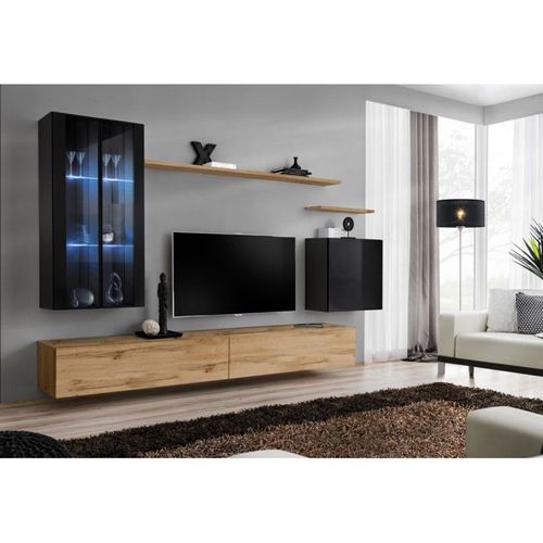 Meuble Tv Mural Design "Switch Xii" 270cm Noir & Naturel