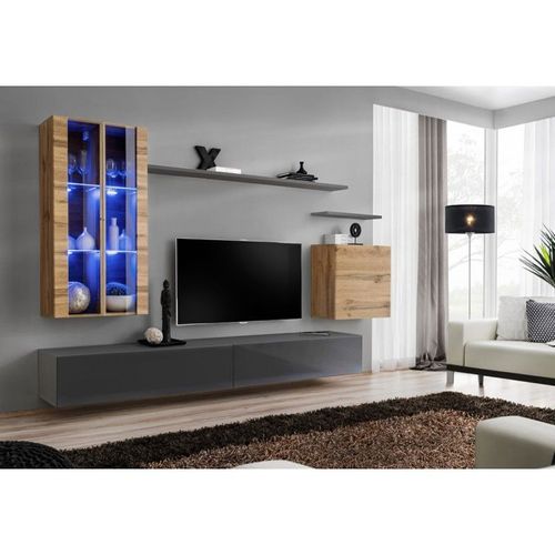 Meuble Tv Mural Design "Switch Xii" 270cm Naturel & Gris