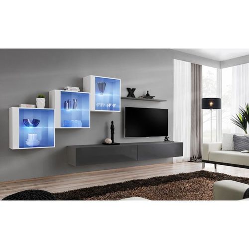 Meuble Tv Mural Design "Switch Xx" 330cm Gris & Blanc