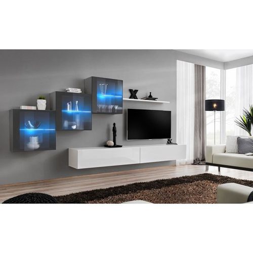 Meuble Tv Mural Design "Switch Xx" 330cm Blanc & Gris