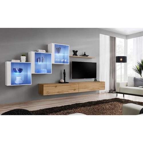 Meuble Tv Mural Design "Switch Xx" 330cm Naturel & Blanc