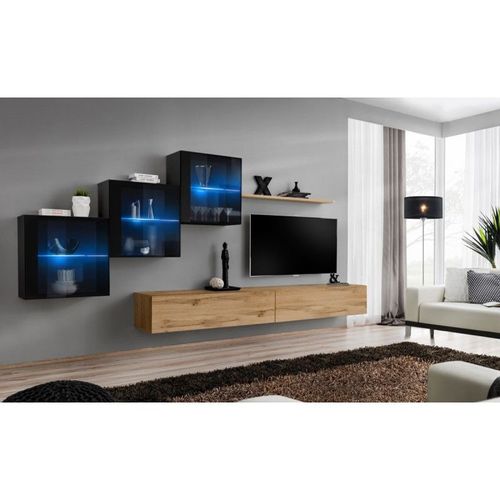 Meuble Tv Mural Design "Switch Xx" 330cm Naturel & Noir