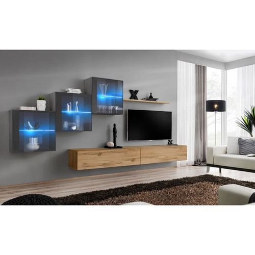 Meuble Tv Mural Design "Switch Xx" 330cm Naturel & Gris