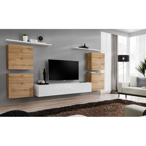 Meuble Tv Mural Design "Switch Iv" 320cm Naturel & Blanc