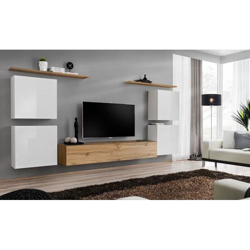 Meuble Tv Mural Design "Switch Iv" 320cm Blanc & Naturel