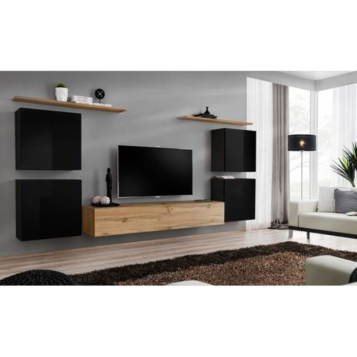 Meuble Tv Mural Design "Switch Iv" 320cm Noir & Naturel
