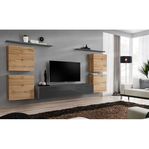Meuble Tv Mural Design "Switch Iv" 320cm Naturel & Gris