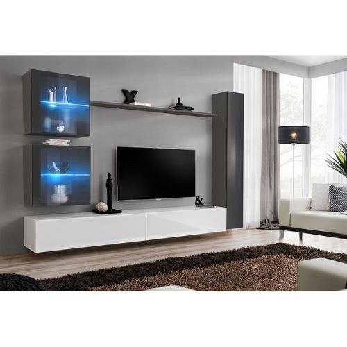 Meuble Tv Mural Design "Switch Xviii" 280cm Blanc & Gris