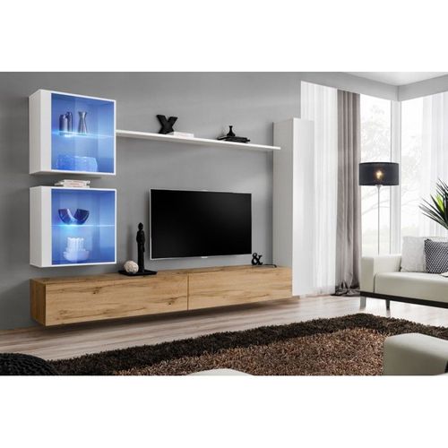 Meuble Tv Mural Design "Switch Xviii" 280cm Naturel & Blanc