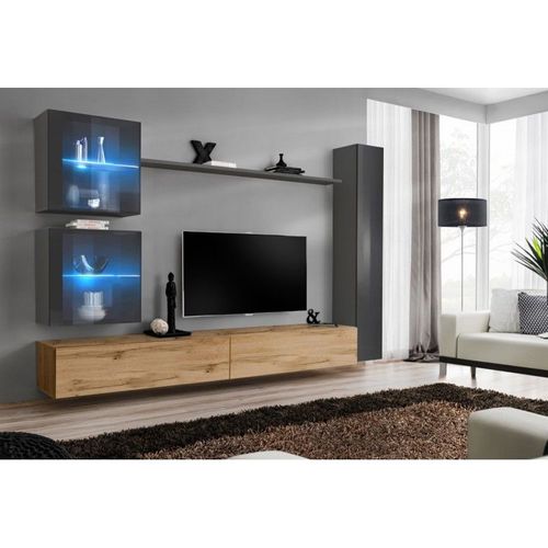 Meuble Tv Mural Design "Switch Xviii" 280cm Naturel & Gris