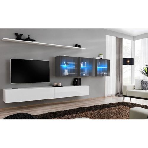 Meuble Tv Mural Design "Switch Xvii" 340cm Blanc & Gris
