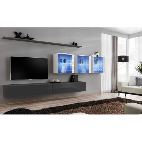 Meuble Tv Mural Design "Switch Xvii" 340cm Gris & Blanc