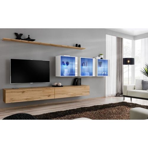 Meuble Tv Mural Design "Switch Xvii" 340cm Naturel & Blanc