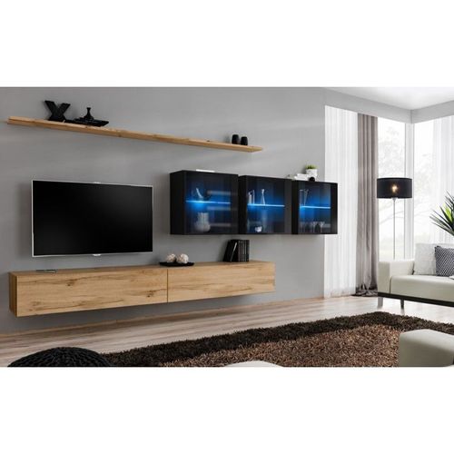 Meuble Tv Mural Design "Switch Xvii" 340cm Naturel & Noir