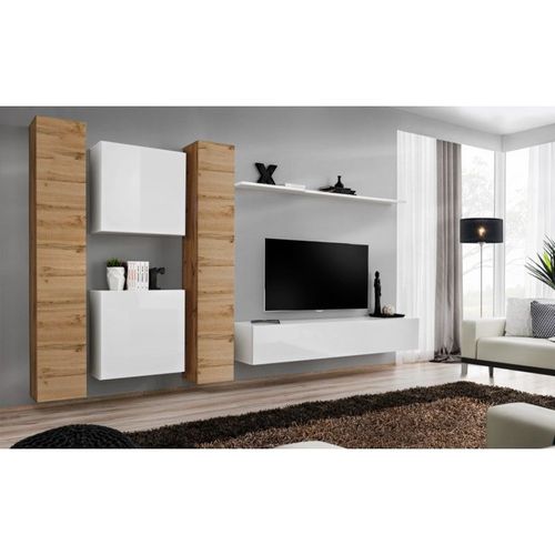 Meuble Tv Mural Design "Switch Vi" 330cm Naturel & Blanc