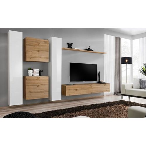 Meuble Tv Mural Design "Switch Vi" 330cm Blanc & Naturel