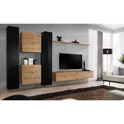 Meuble Tv Mural Design "Switch Vi" 330cm Noir & Naturel