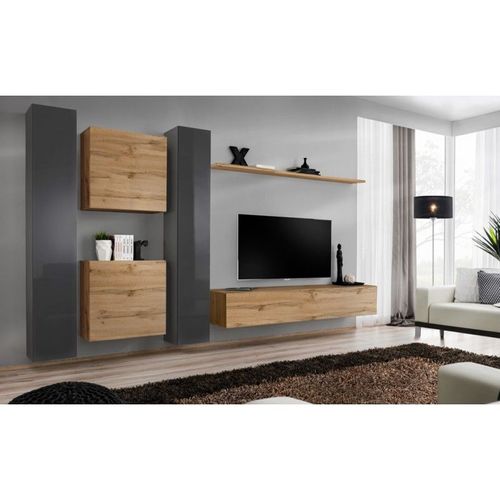 Meuble Tv Mural Design "Switch Vi" 330cm Gris & Naturel