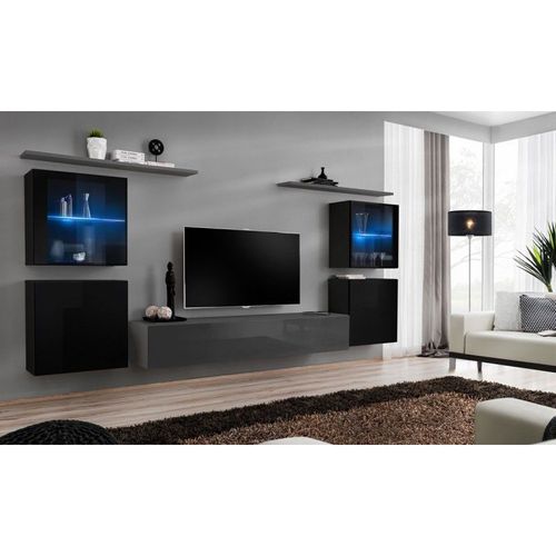Meuble Tv Mural Design "Switch Xiv" 320cm Noir & Gris