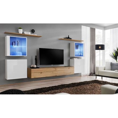 Meuble Tv Mural Design "Switch Xiv" 320cm Blanc & Naturel