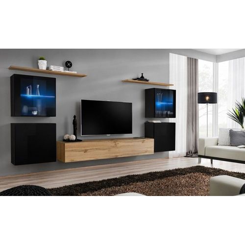 Meuble Tv Mural Design "Switch Xiv" 320cm Noir & Naturel
