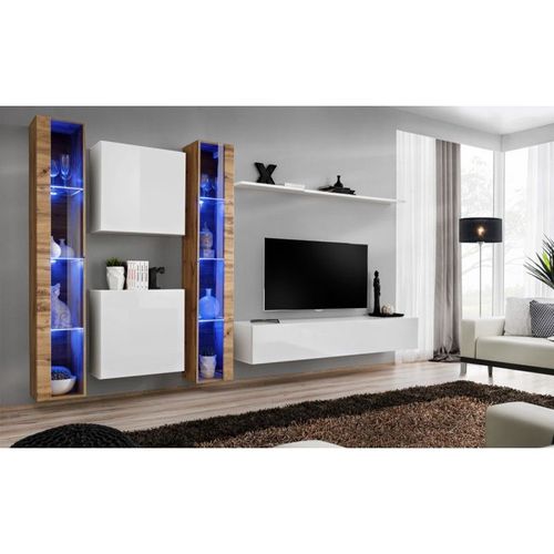 Meuble Tv Mural Design "Switch Xvi" 330cm Blanc & Naturel