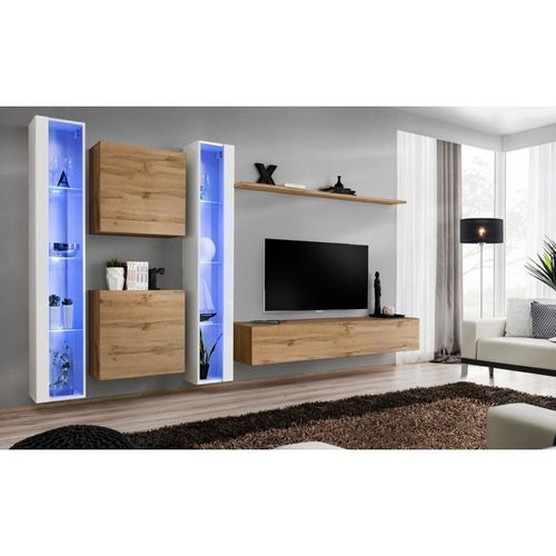 Meuble Tv Mural Design "Switch Xvi" 330cm Naturel & Blanc