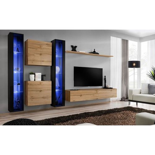 Meuble Tv Mural Design "Switch Xvi" 330cm Naturel & Noir