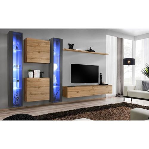 Meuble Tv Mural Design "Switch Xvi" 330cm Naturel & Gris