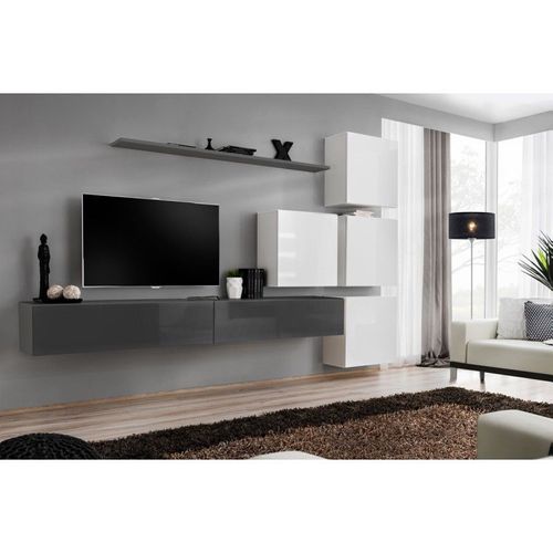 Meuble Tv Mural Design "Switch Ix" 310cm Gris & Blanc
