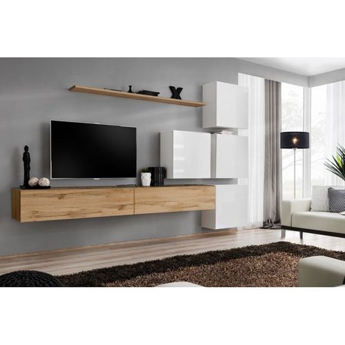 Meuble Tv Mural Design "Switch Ix" 310cm Naturel & Blanc