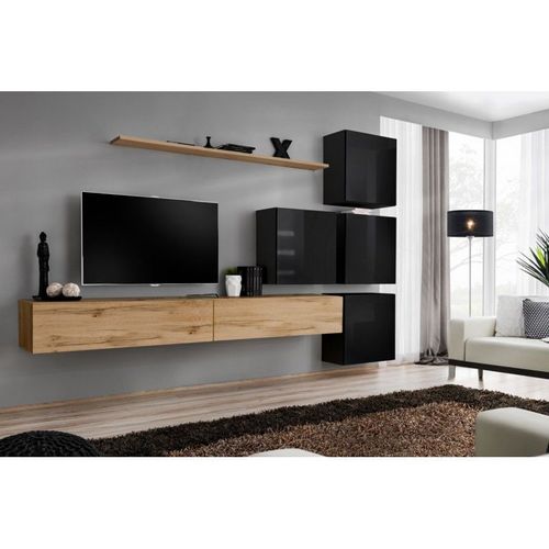 Meuble Tv Mural Design "Switch Ix" 310cm Naturel & Noir