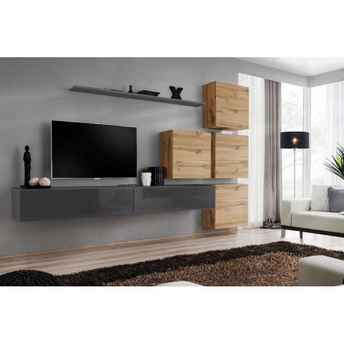 Meuble Tv Mural Design "Switch Ix" 310cm Gris & Naturel