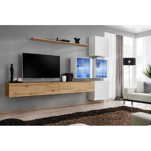 Meuble Tv Mural Design "Switch Xix" 310cm Naturel & Blanc