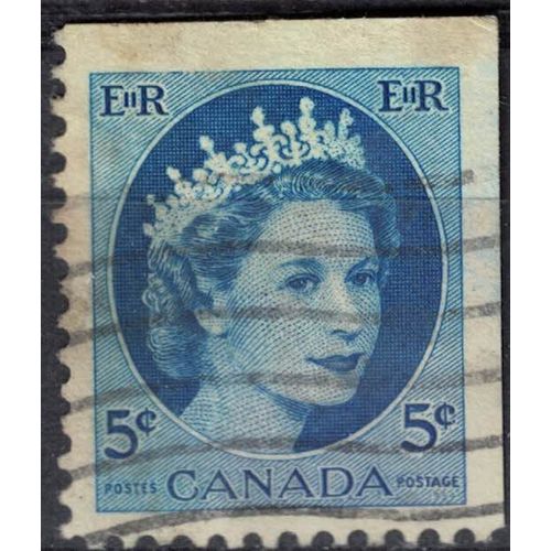 Canada 1954 Oblitéré Used Queen Elizabeth Ii Reine Bleu Vif 5 Cents Su