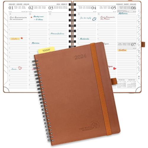 Agenda 2024 Semainier 22 X 16,5 Cm, Planner Vertical 12 Mois De Jan 2024 À Déc 2024 Avec Couverture Souple Spirale, Règle Et Signet, Papier Certifié Fsc®100 G/M² - Marron