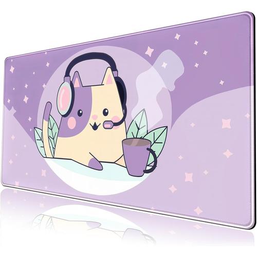 Kawaii Tapis de bureau motif chat de l'espace violet - Grand tapis de souris XXL - Tapis de souris long pour clavier de jeu - 80 x 40 cm - Accessoires de bureau mignons pour filles