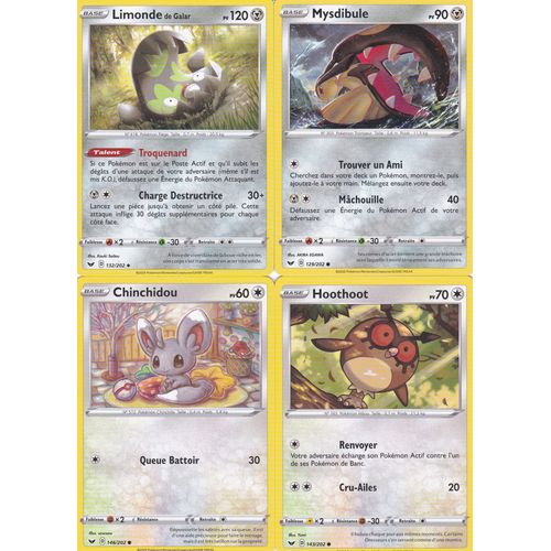 4 Cartes Pokemon - Limonde De Galar 132/202 - Mysdibule 129/202 - Chinchidou 146/202 - Hoothoot 143/202 - Épée Et Bouclier