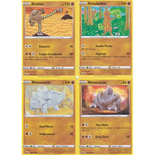 4 Cartes Pokemon - Kicklee 094/202 - Simularbre 100/202 - Rhinocorne 096/202 - Rhinocorne 097/202 - Épée Et Bouclier