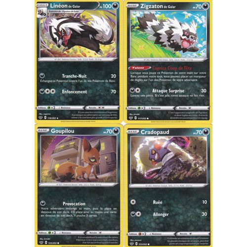 4 Cartes Pokemon - Linéon De Galar 118/202 - Zigzaton De Galar 117/202 - Goupilou 125/202 - Cradopaud 123/202 - Épée Et Bouclier