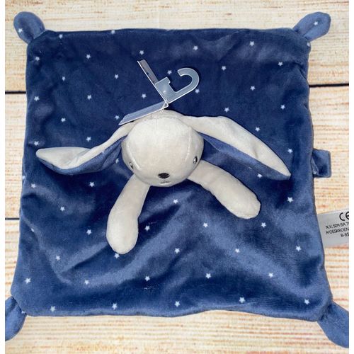 Doudou Peluche Lapin Plat Bleu Foncé Étoiles Blanches Jouet Bébé