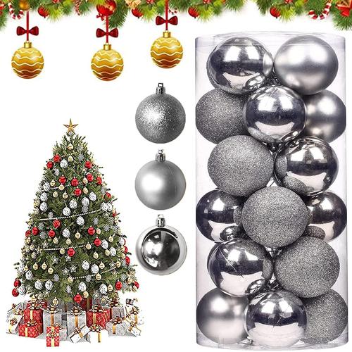 Boules de Noël,Boules de Sapin de Noël en Plastique pour Noël, 24 Pcs décorations pour Sapin de Noël avec pendentifs,Décoration Noel Sapin en Plastique Incassable, Réutilisable(4CM) (Argent)