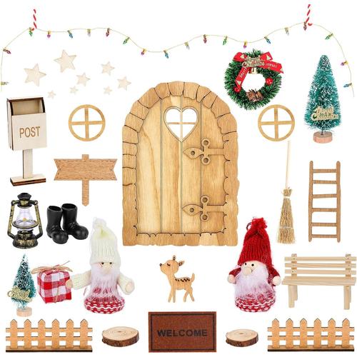 Lot 26 accessoires porte lutin Noël - Décoration Noël - Porte d'elfe - Porte lutin en bois boîtes aux lettres miniatures - Clôture, bottes, couronne, porte fée - Cadeau pour