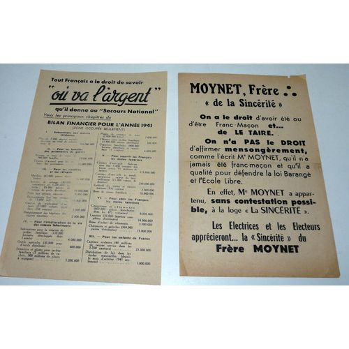 Frère Moynet Et Ou Va L'argent, 2 Tracts 1942